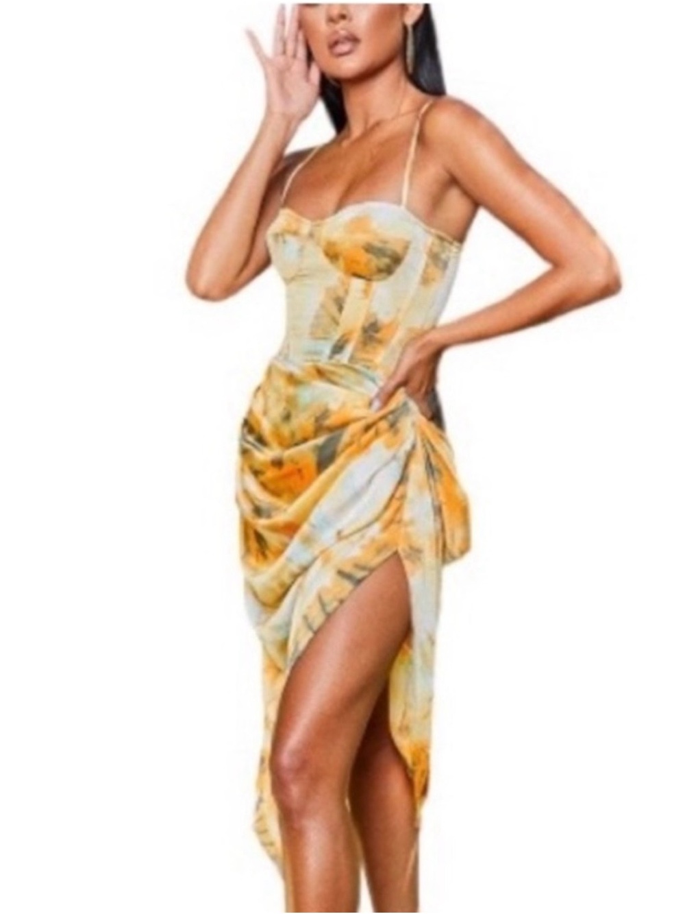 PrettyLittleThing Yellow Floral One-Shoulder Ruched Midi Corset Top